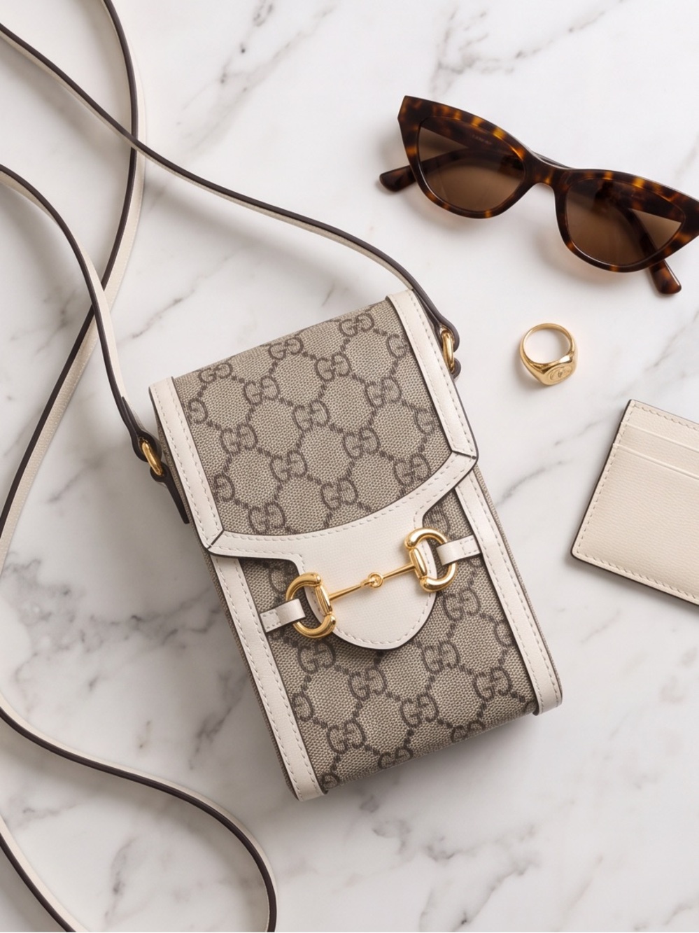 Gucci Beige Monogram Crossbody with White Trim and Gold Horsebit - Picture 2 of 16